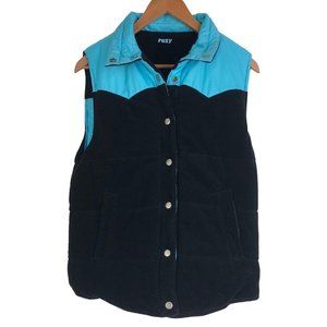 ROXY Puffer Vest Womens Size XL Blue Black Reversible Western Cowgirl Corduroy